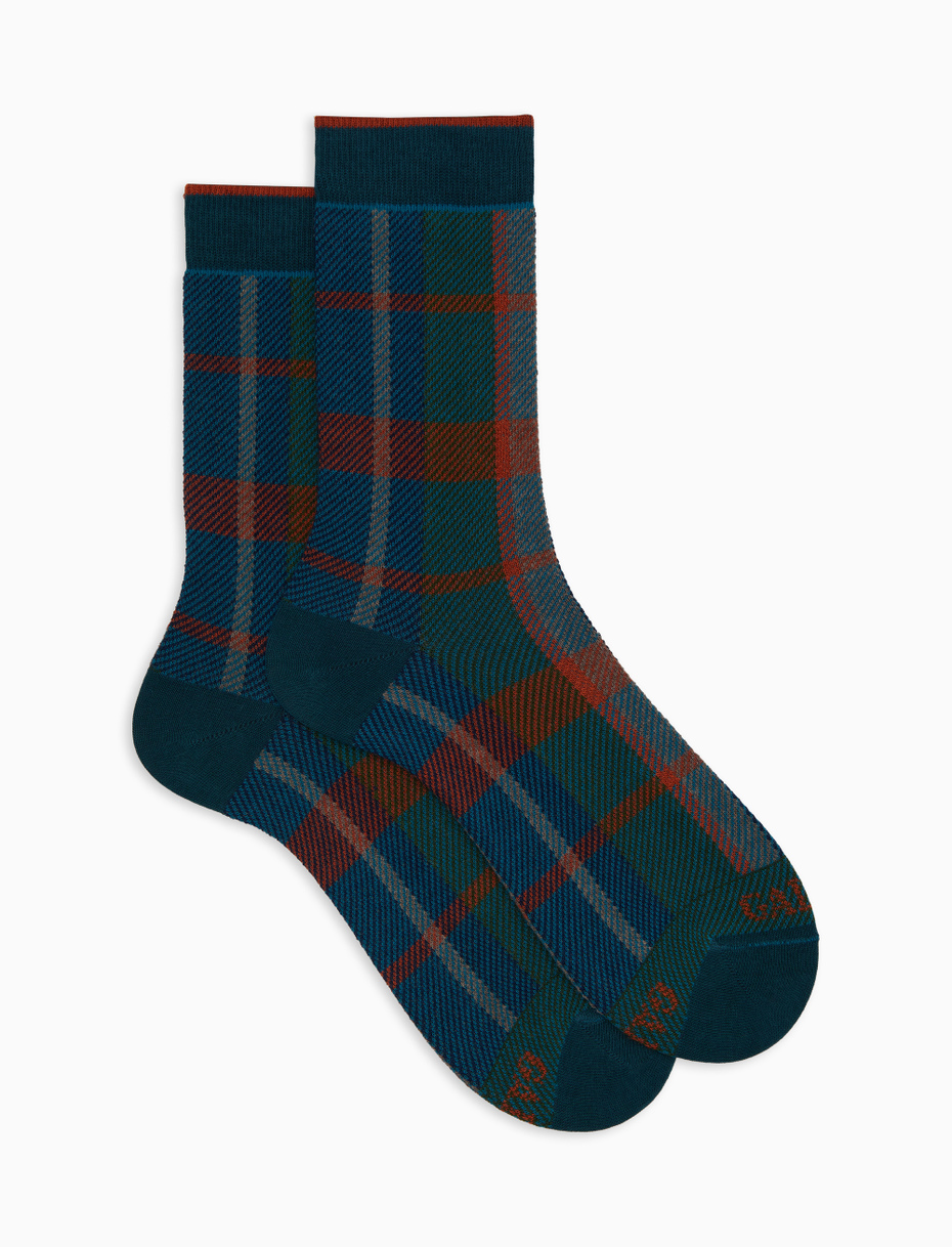Men's short light blue cotton socks with tartan pattern - Gallo 1927 - Official Online Shop