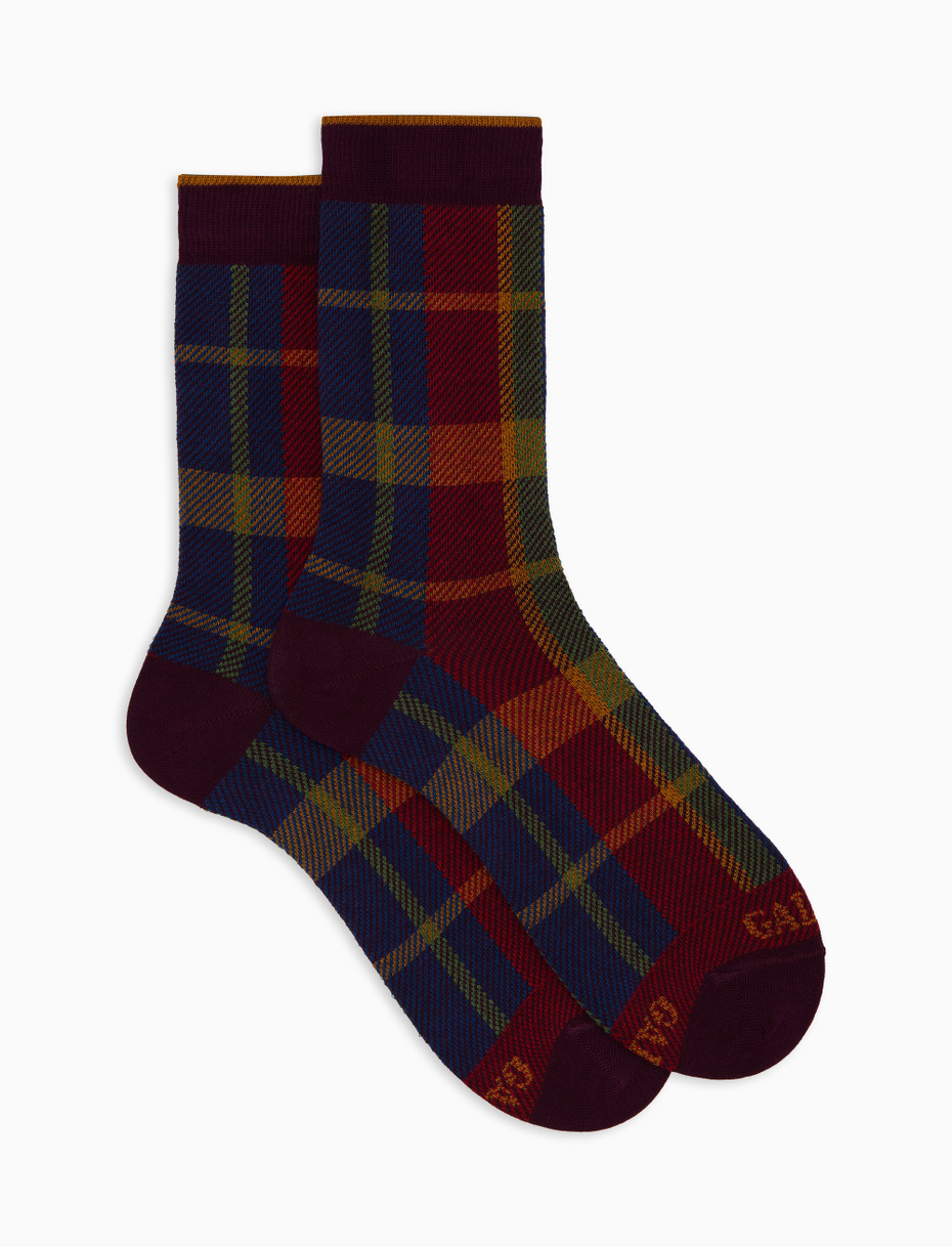 Men's short purple cotton socks with tartan pattern - Gallo 1927 - Official Online Shop