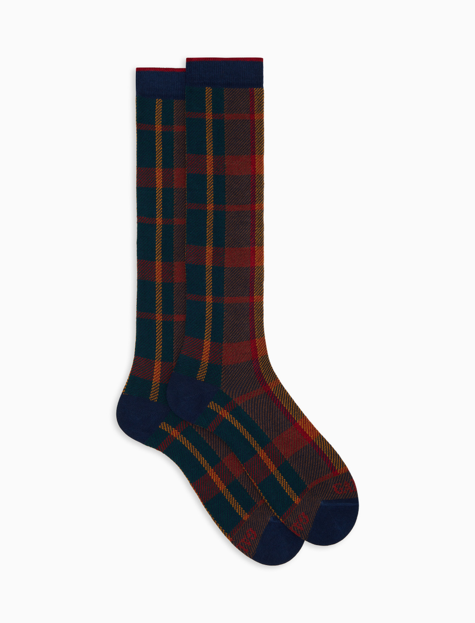 Women's long blue cotton socks with tartan pattern - Gallo 1927 - Official Online Shop