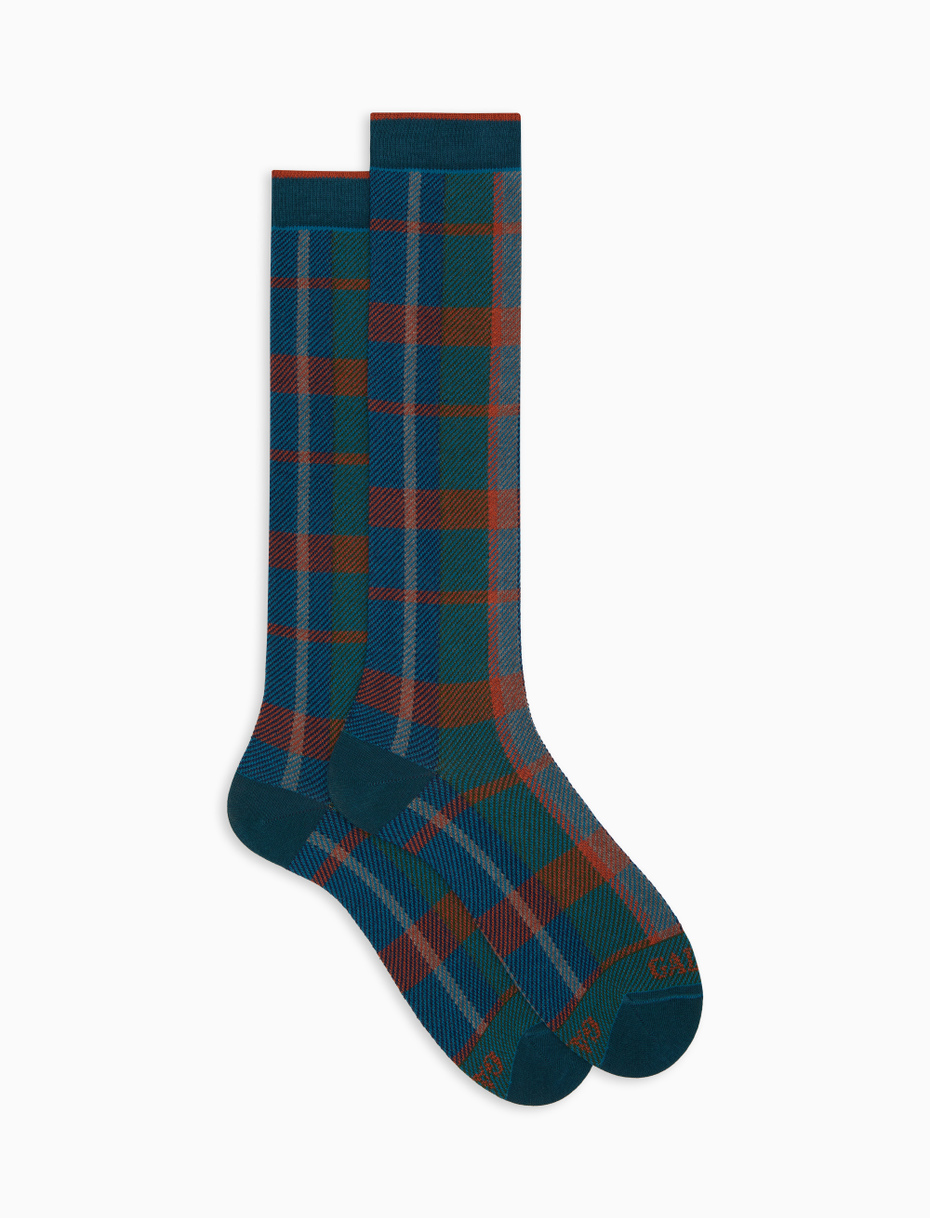 Women's long light blue cotton socks with tartan pattern - Gallo 1927 - Official Online Shop