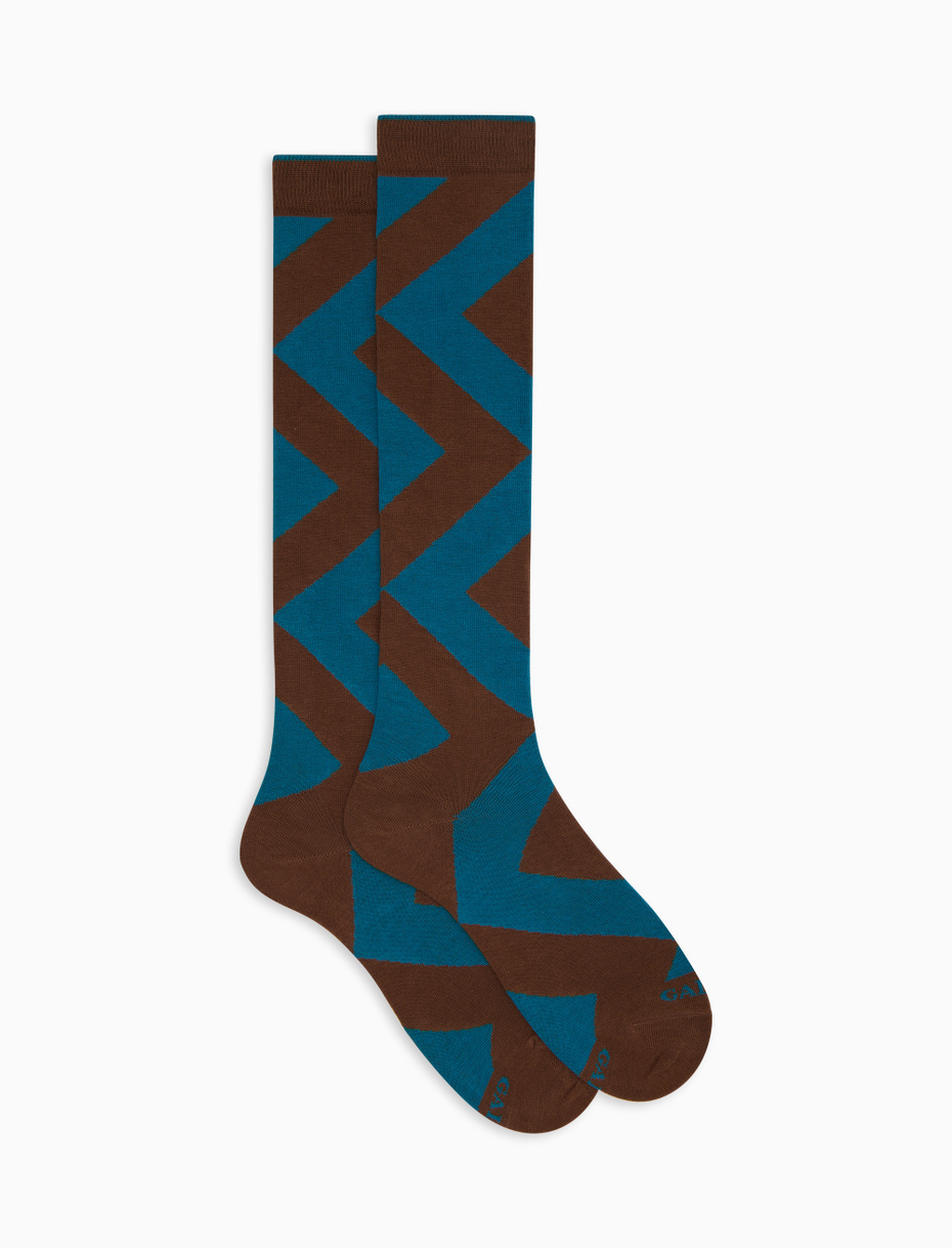 Men's long brown cotton socks with maxi diamond pattern - Gallo 1927 - Official Online Shop