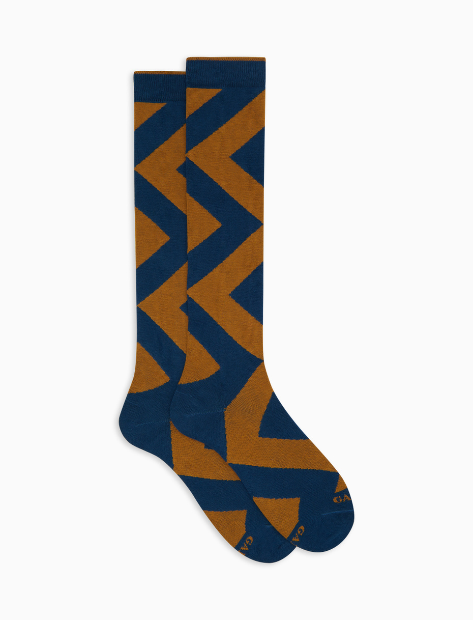 Men's long blue cotton socks with maxi diamond pattern - Gallo 1927 - Official Online Shop