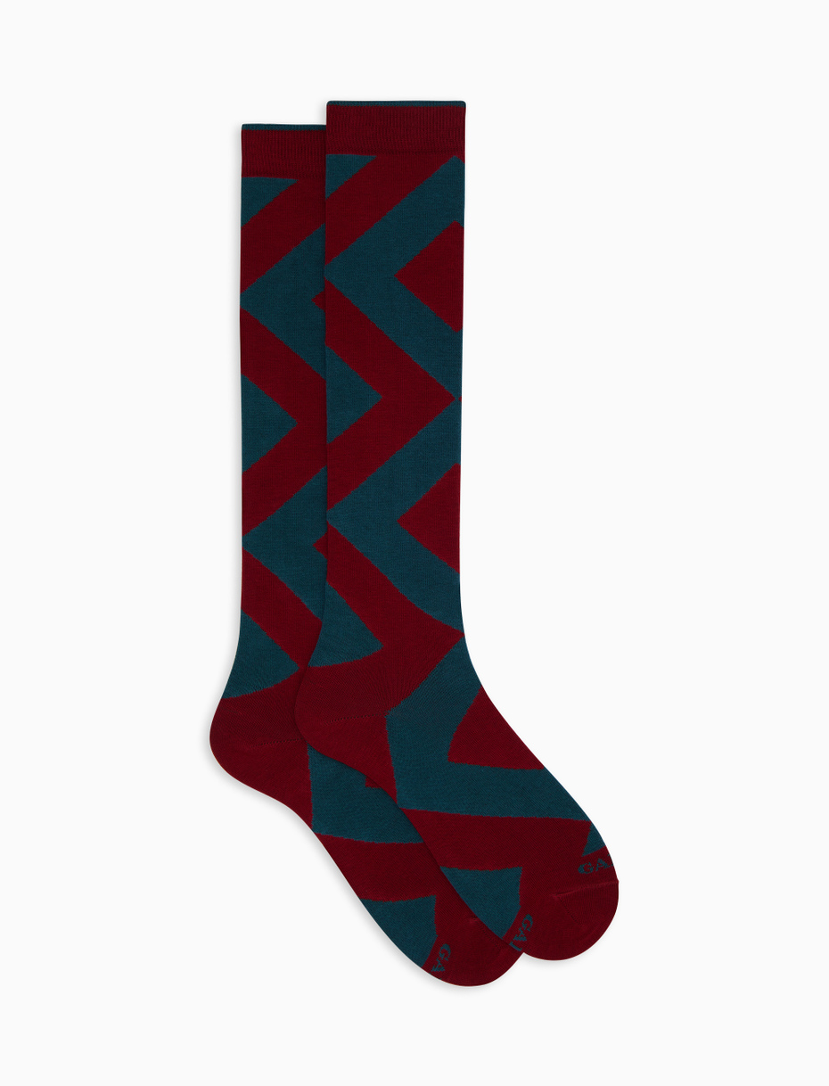 Men's long burgundy cotton socks with maxi diamond pattern - Gallo 1927 - Official Online Shop