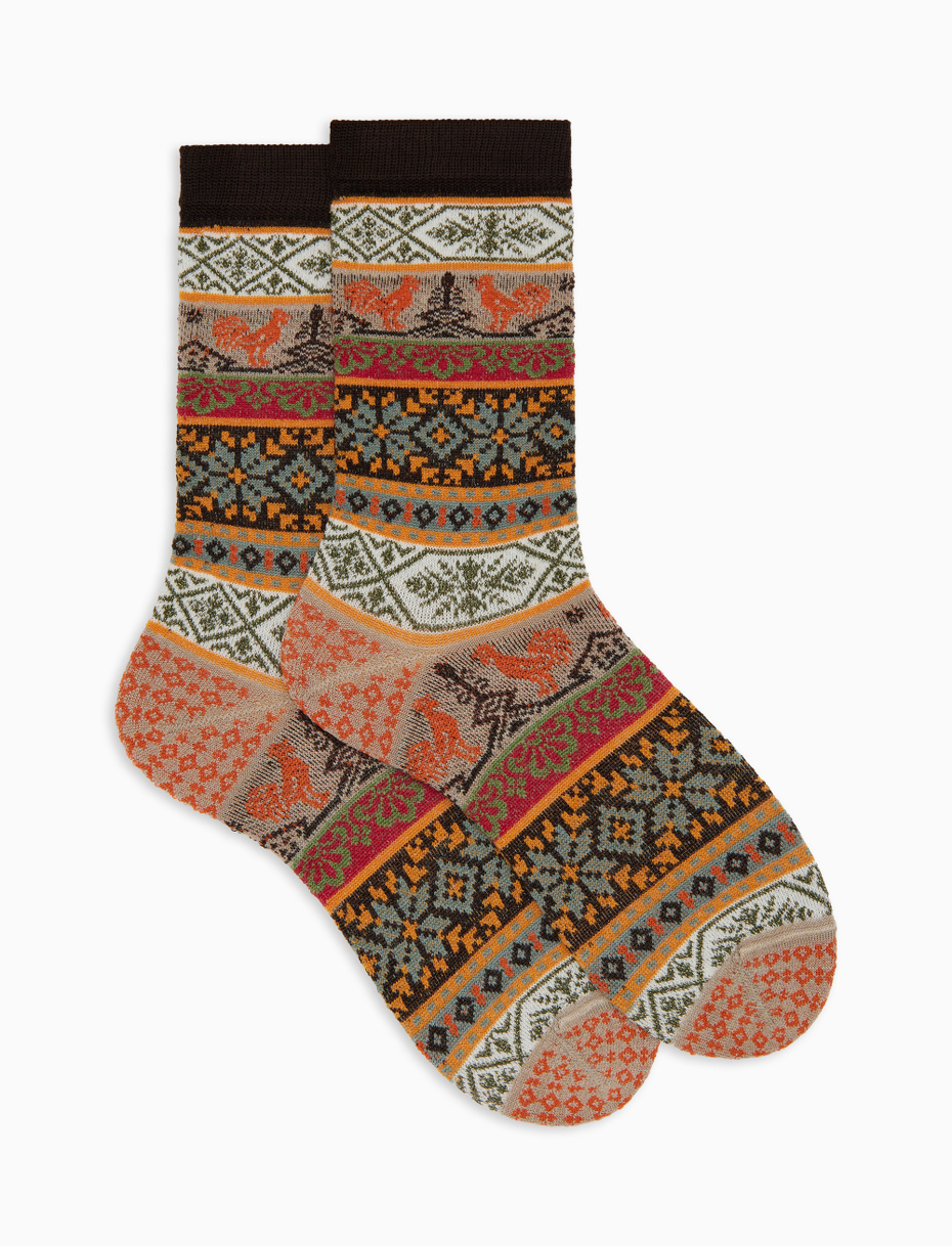Women's beige wool short socks with glitter effect and Christmas Greek pattern - Gallo 1927 - Official Online Shop
