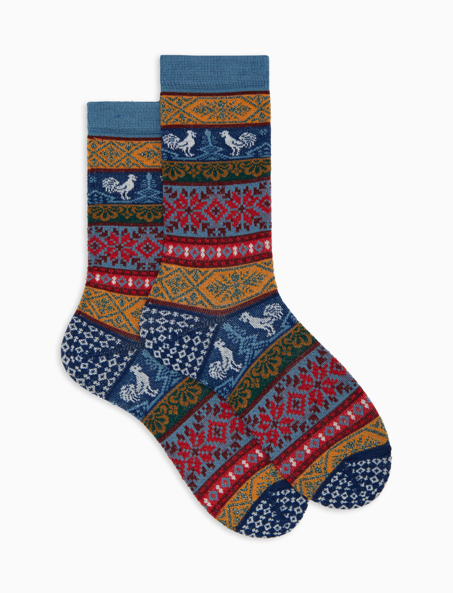 Women's blue wool short socks with glitter effect and Christmas Greek pattern - Gallo 1927 - Official Online Shop