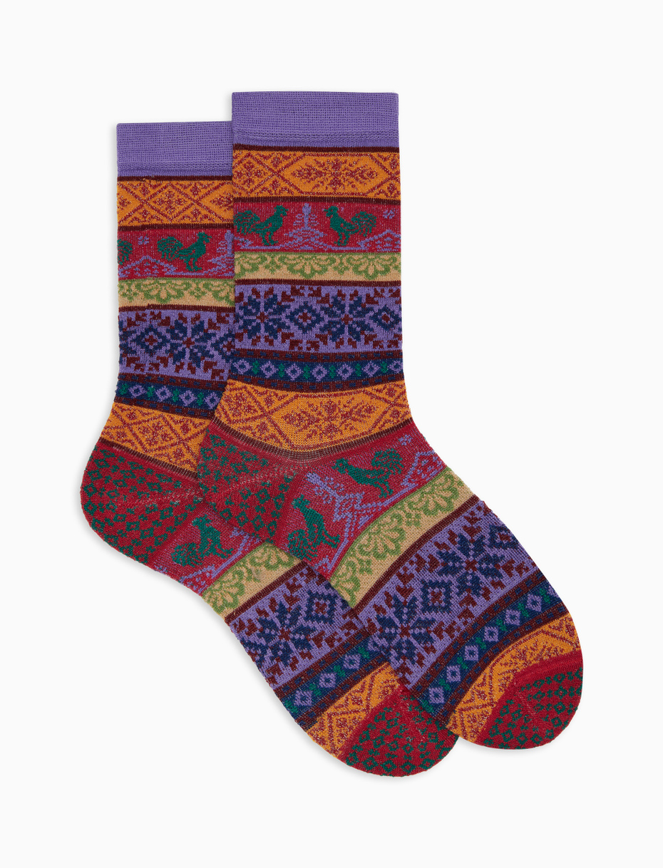 Women's purple wool short socks with glitter effect and Christmas Greek pattern - Gallo 1927 - Official Online Shop