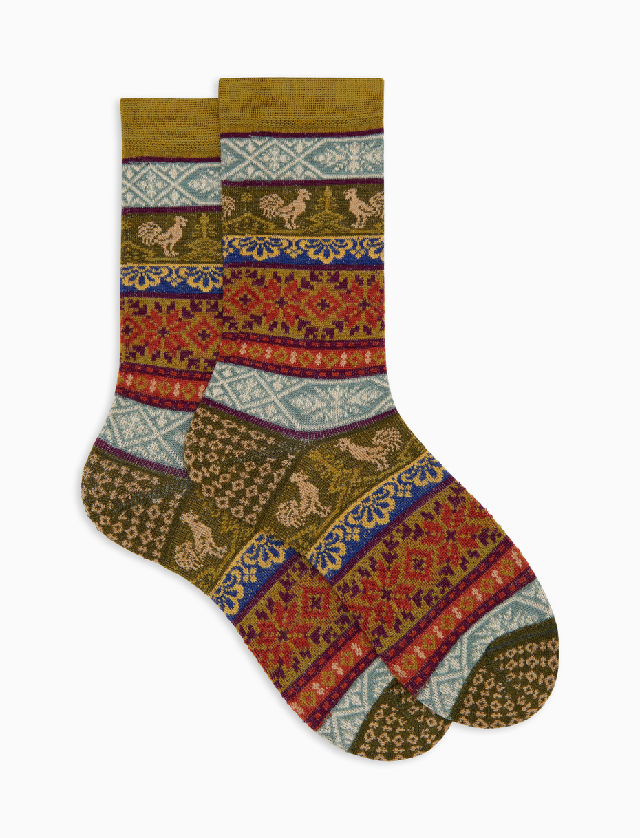Women's green wool short socks with glitter effect and Christmas Greek pattern - Gallo 1927 - Official Online Shop