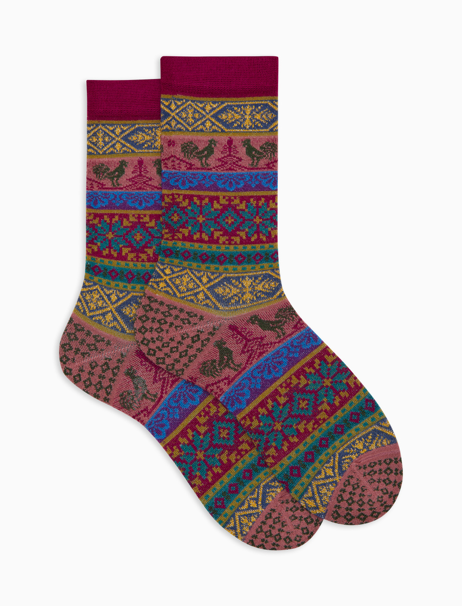 Women's pink wool short socks with glitter effect and Christmas Greek pattern - Gallo 1927 - Official Online Shop