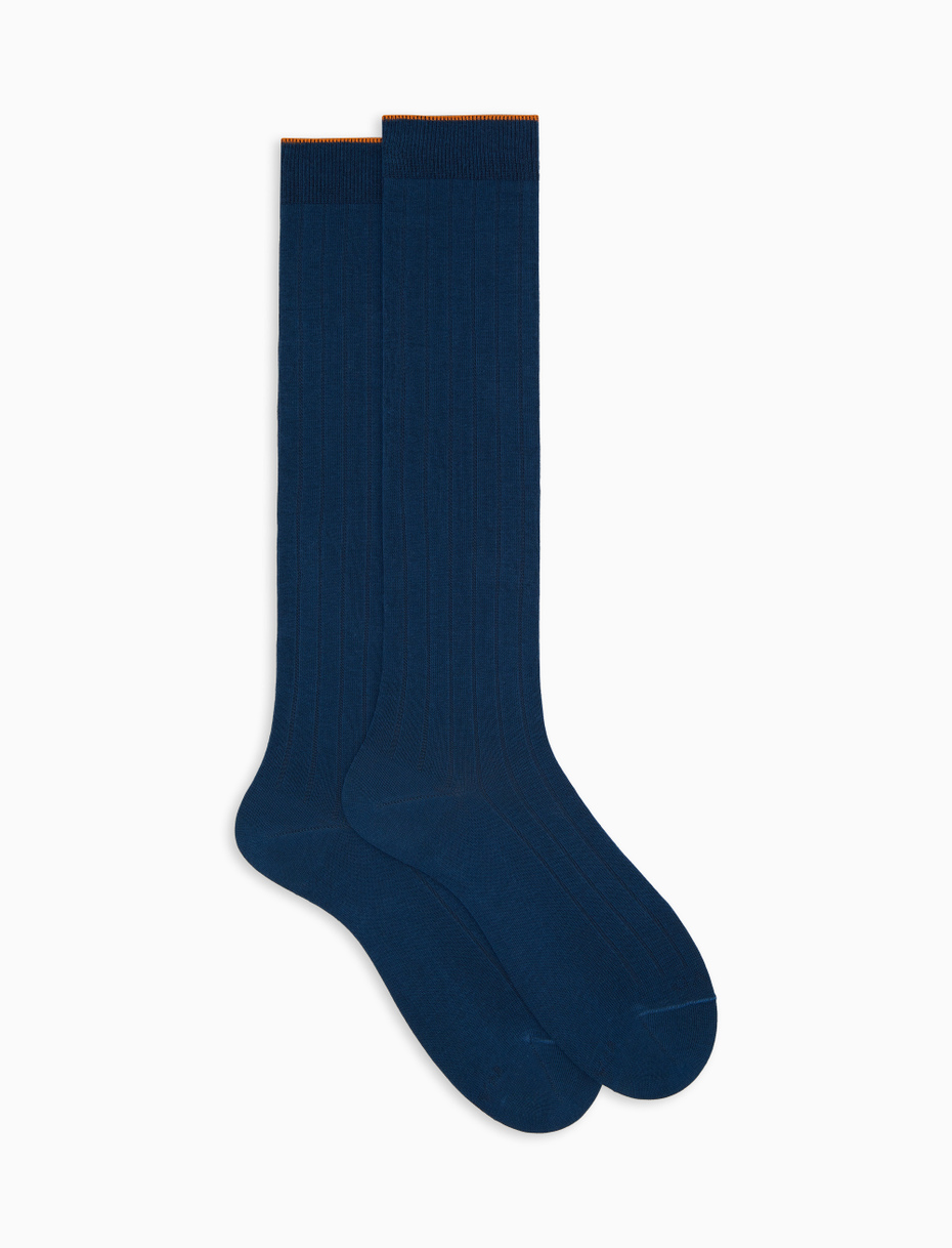 Men's long blue cotton socks with ribbed cuff - Gallo 1927 - Official Online Shop