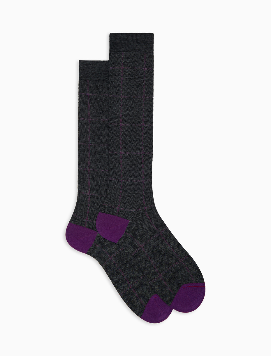 Men's long gray wool socks with windowpane pattern - Gallo 1927 - Official Online Shop
