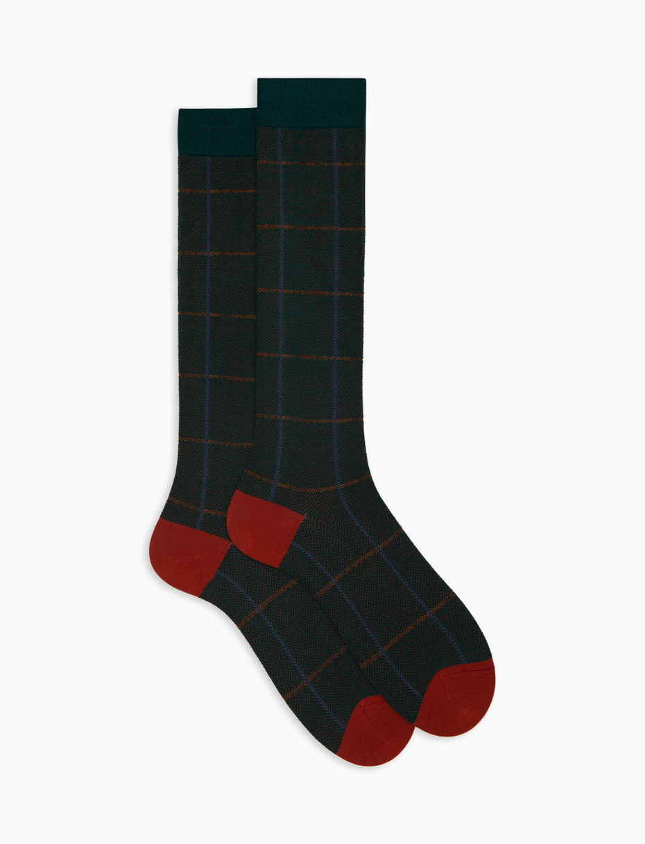 Men's long green wool socks with windowpane pattern - Gallo 1927 - Official Online Shop