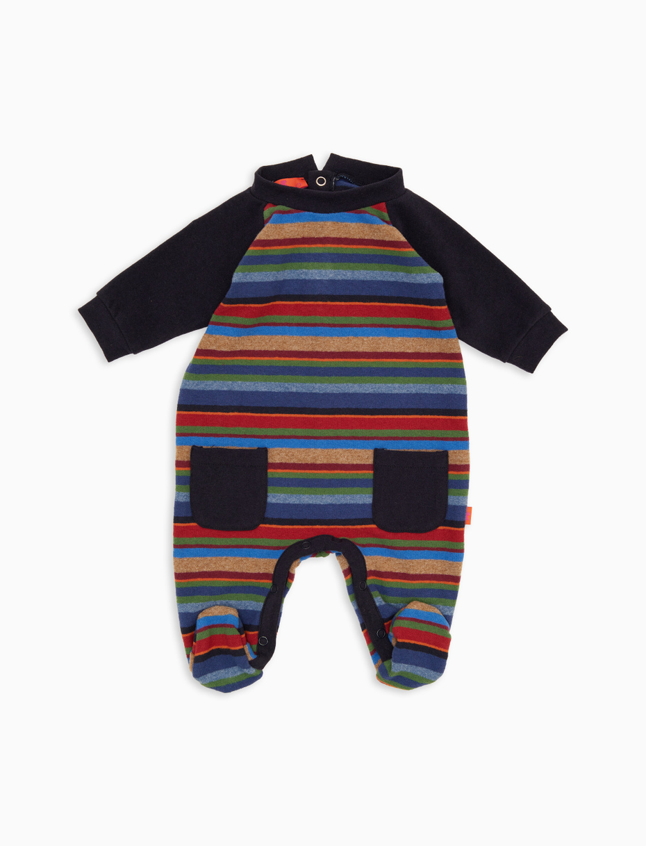 Children's blue fleece footed jumpsuit with multicolored stripes and solid inserts - Gallo 1927 - Official Online Shop
