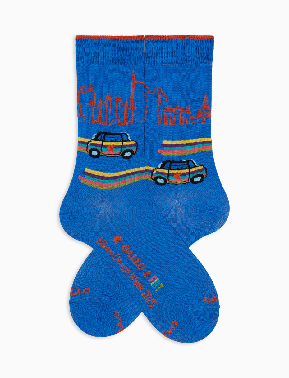 Women's short socks in light blue patterned skyline Milano and Fiat Topolino light cotton - Gallo 1927 - Official Online Shop