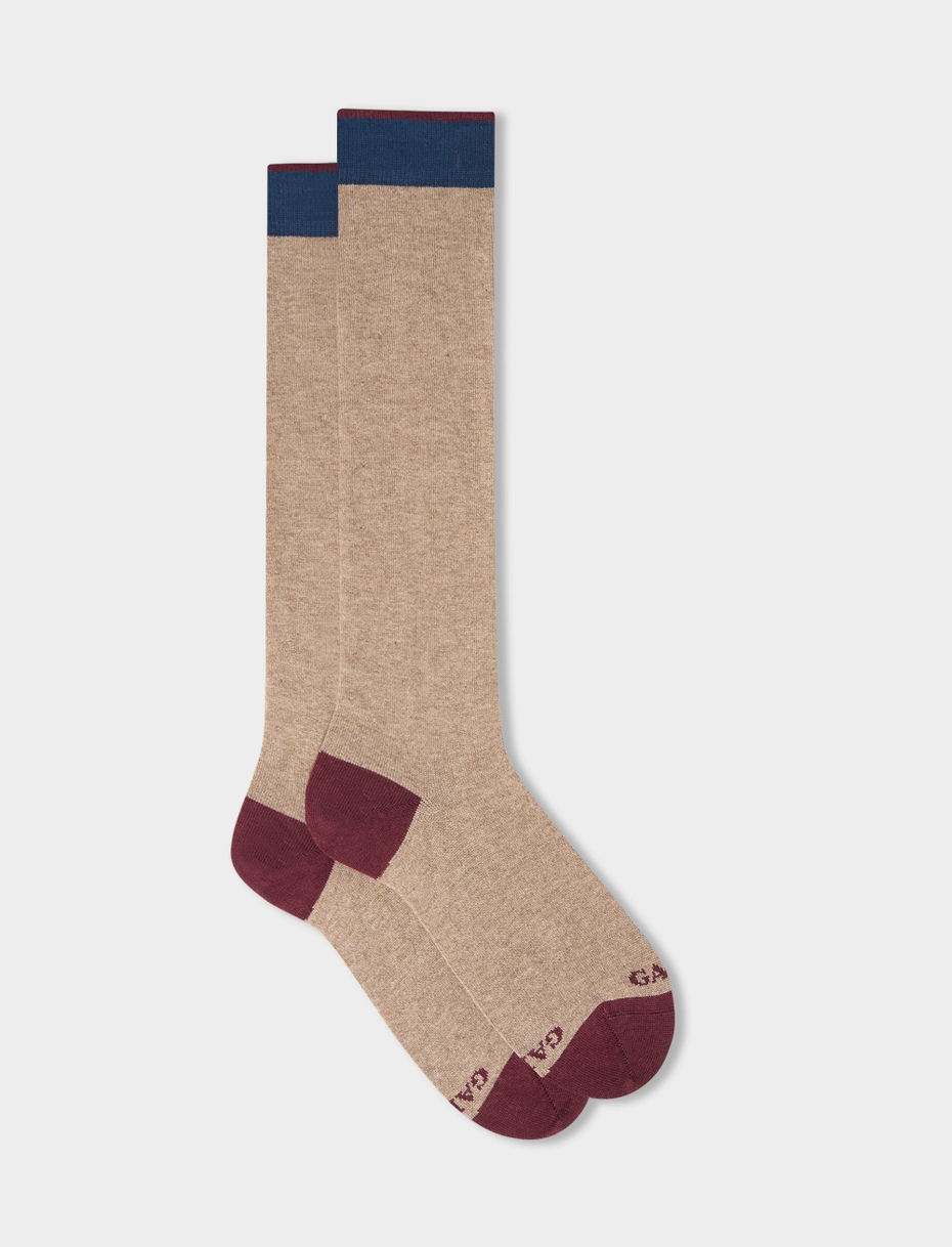 Women's long plain beige cotton and cashmere socks with contrasting details - Gallo 1927 - Official Online Shop