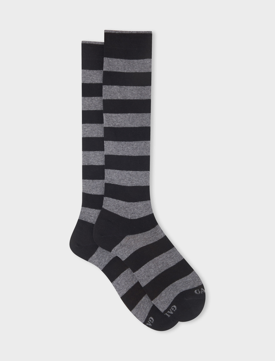 Women's long black cotton socks with two-tone stripes - Gallo 1927 - Official Online Shop