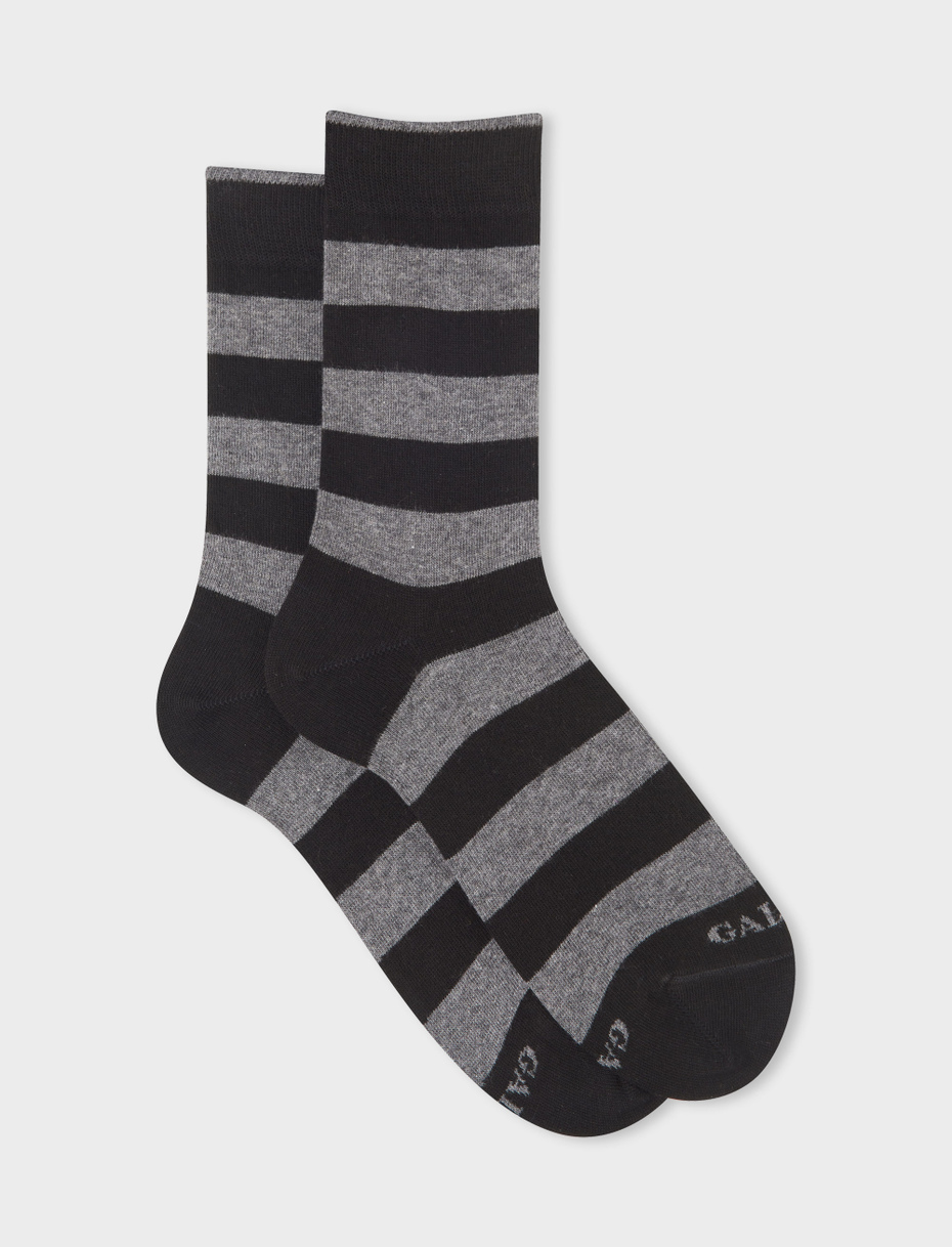 Women's short black cotton socks with two-tone stripes - Gallo 1927 - Official Online Shop