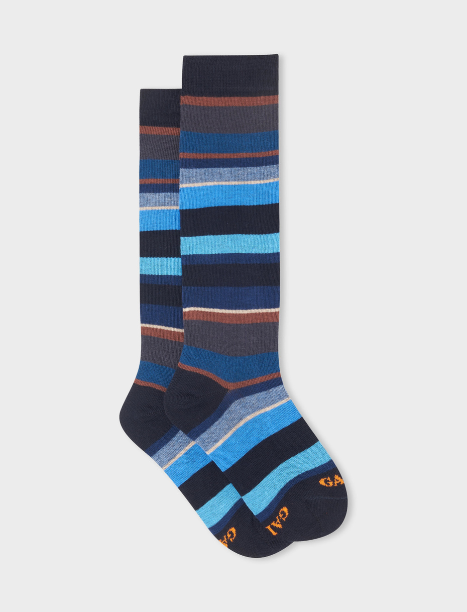 Kids' long blue/sand cotton socks with multicoloured stripes - Gallo 1927 - Official Online Shop
