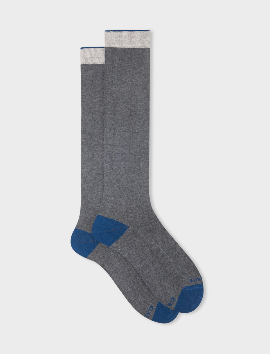 Men's long plain stone grey cotton and cashmere socks with contrasting details - Gallo 1927 - Official Online Shop