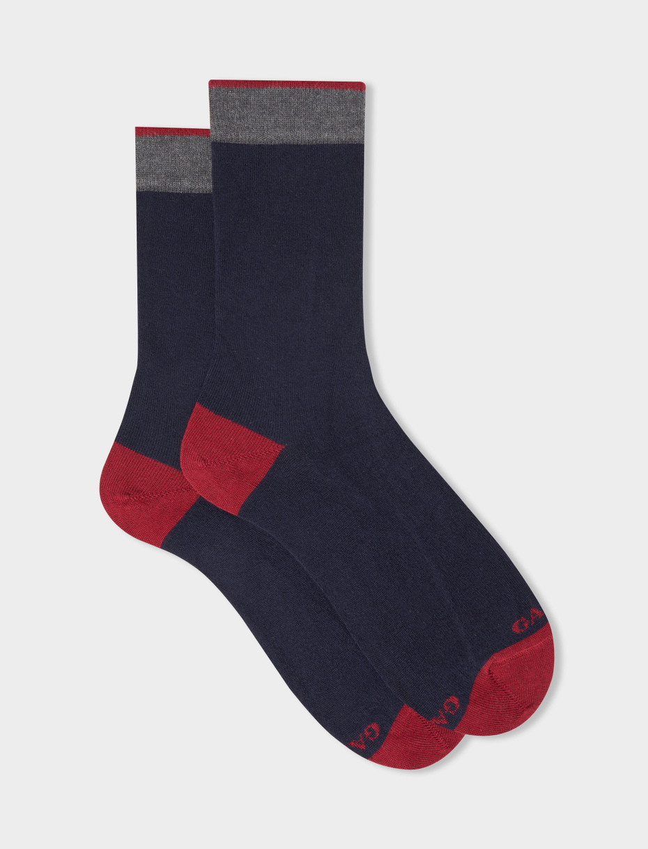 Men's short plain navy cotton and cashmere socks with contrasting details - Gallo 1927 - Official Online Shop