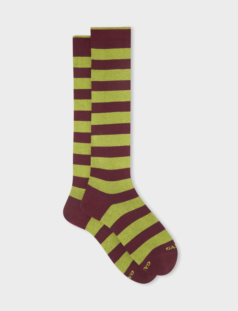 Men's long burgundy cotton socks with two-tone stripes - Gallo 1927 - Official Online Shop