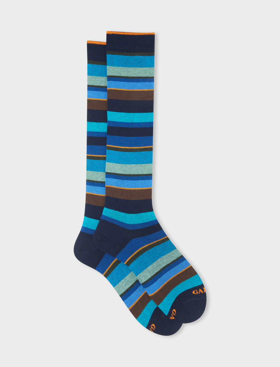 Men's long navy/wood brown cotton socks with multicoloured stripes - Gallo 1927 - Official Online Shop