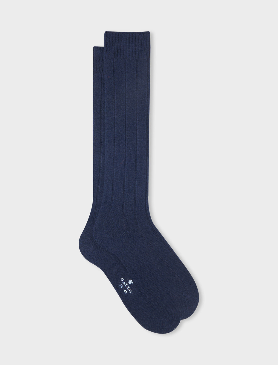 Women’s long plain blue ribbed cashmere socks - Gallo 1927 - Official Online Shop