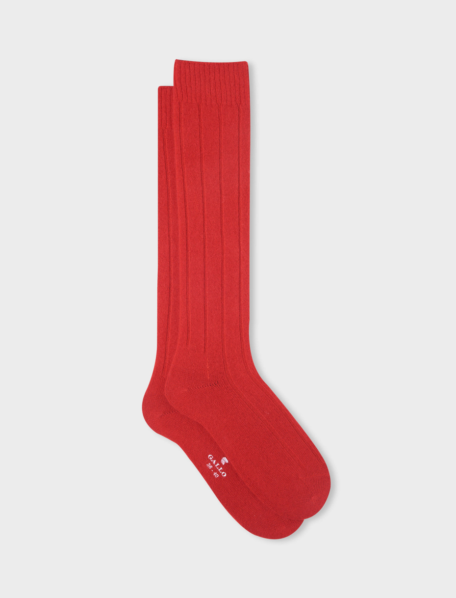 Women's long ribbed plain brick red cashmere socks - Gallo 1927 - Official Online Shop