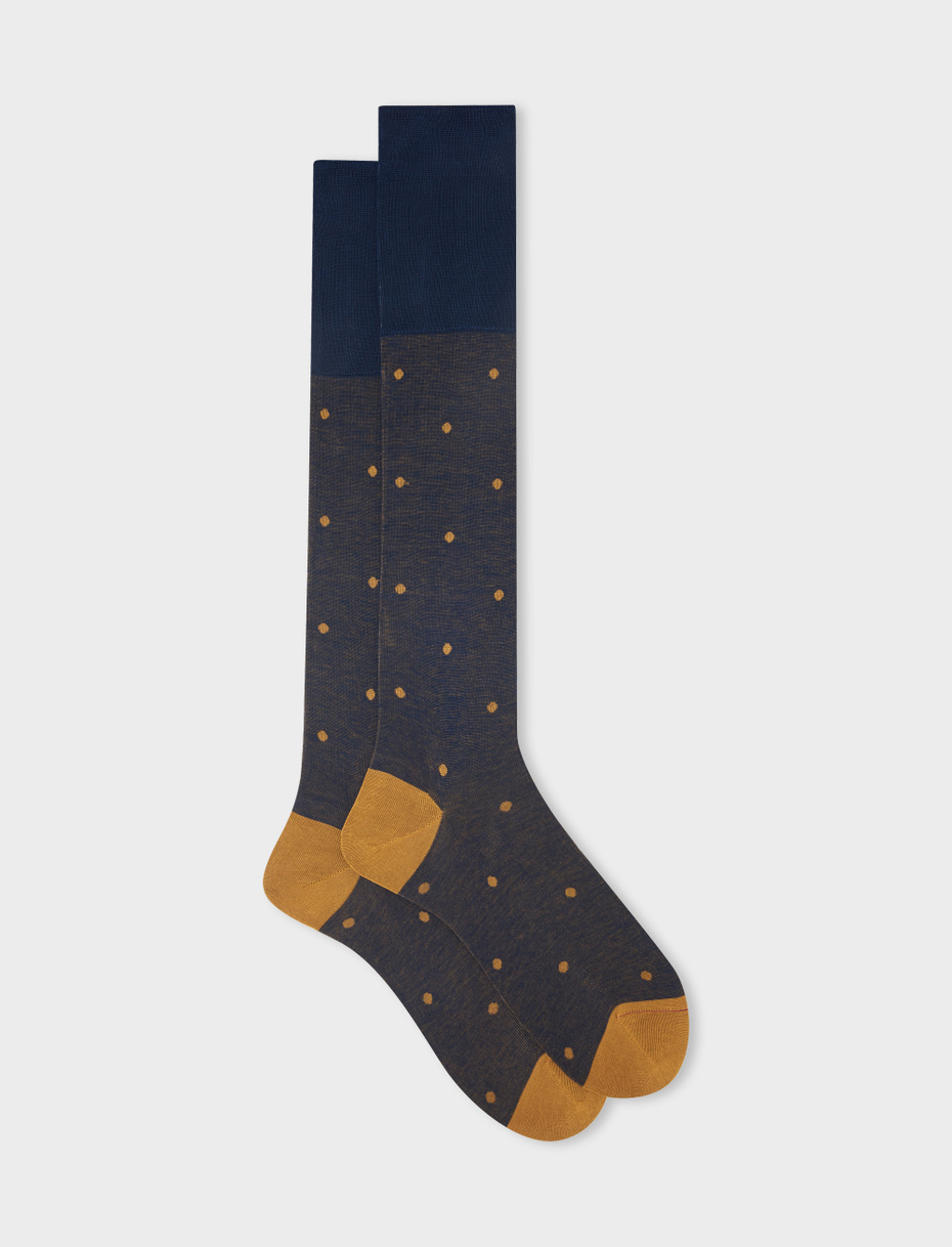 Men's long ocean blue/curry cotton socks with polka dots on iridescent base - Gallo 1927 - Official Online Shop