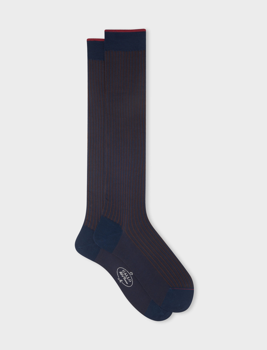 Men's long ocean blue/tobacco twin-rib cotton socks - Gallo 1927 - Official Online Shop