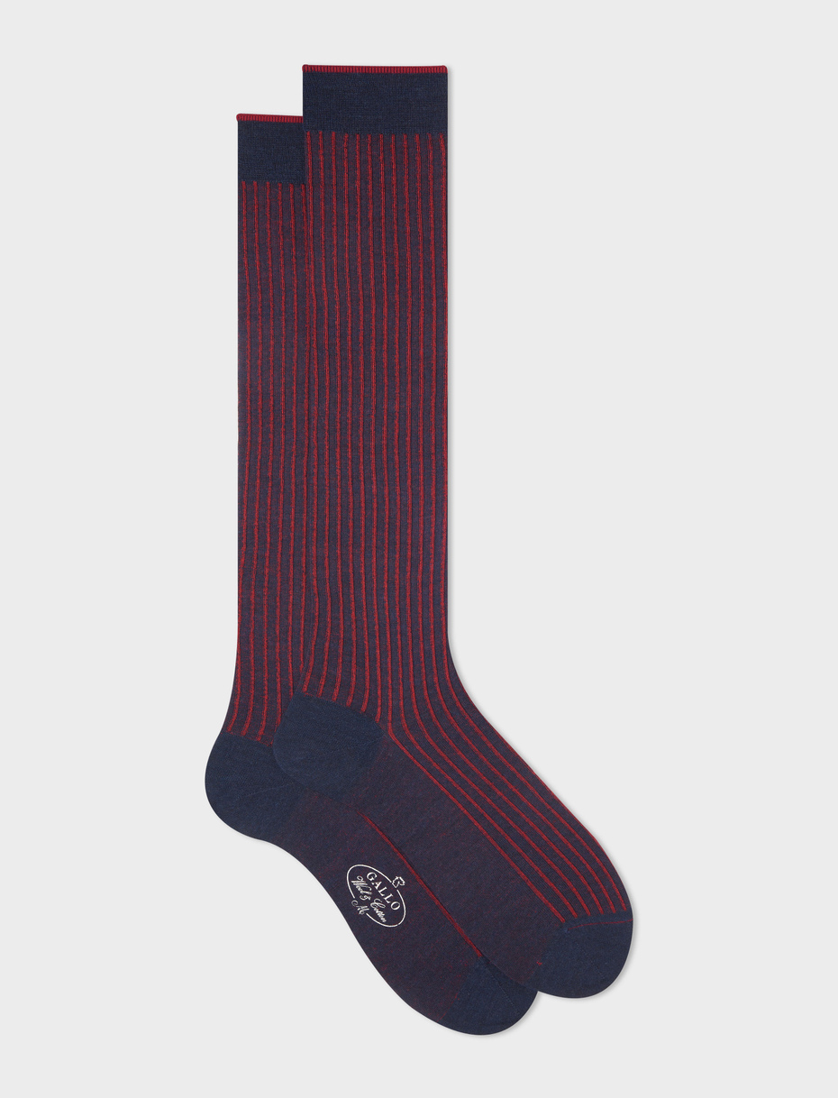 Men's long heather blue/poppy twin-rib cotton and wool socks - Gallo 1927 - Official Online Shop