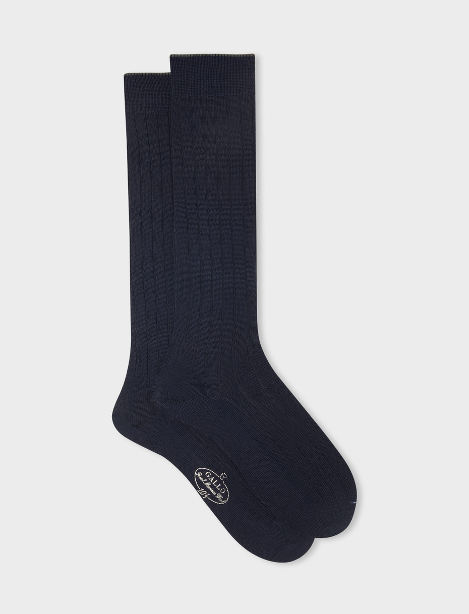 Men's long ribbed plain blue wool socks - Gallo 1927 - Official Online Shop