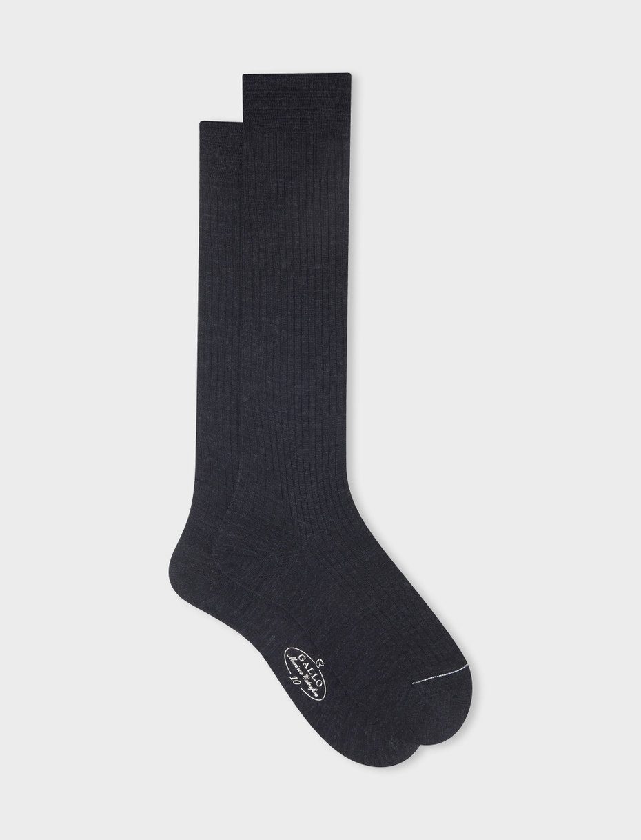 Men's long ribbed plain charcoal grey wool socks - Gallo 1927 - Official Online Shop