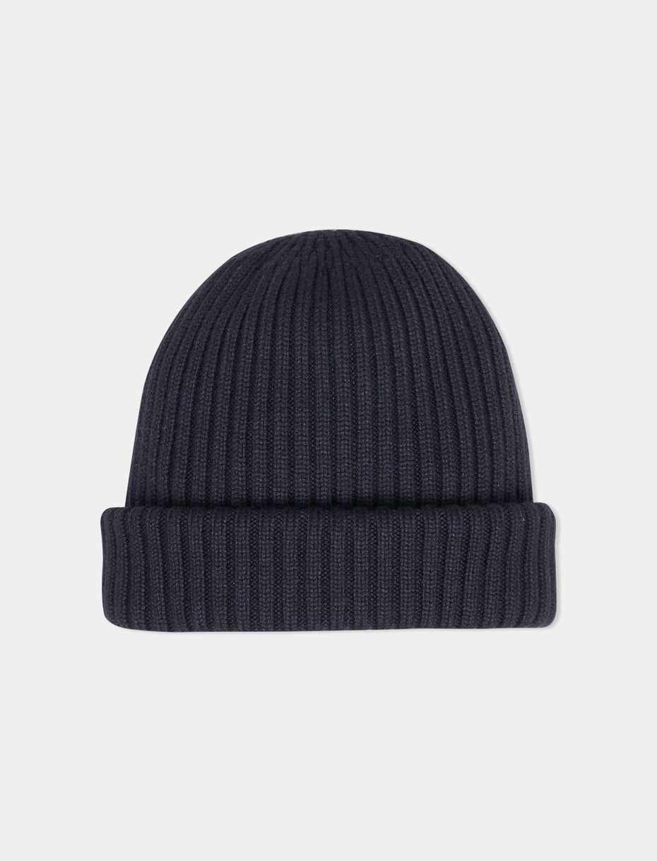 Unisex ribbed plain blue beanie in wool, silk and cashmere - Gallo 1927 - Official Online Shop