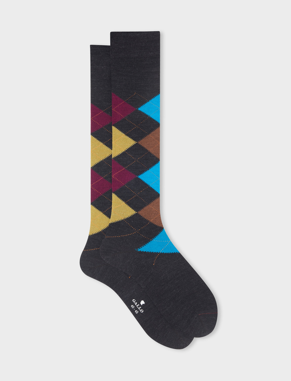 Men's long charcoal grey wool socks with inlay motif - Gallo 1927 - Official Online Shop