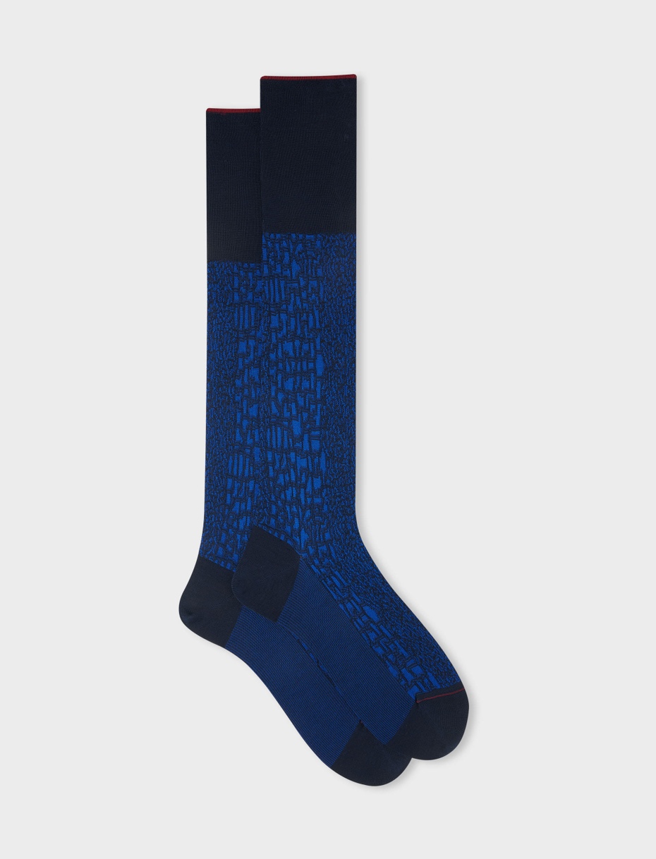 Long ocean blue cotton socks with crocodile motif - Gallo 1927 - Official Online Shop