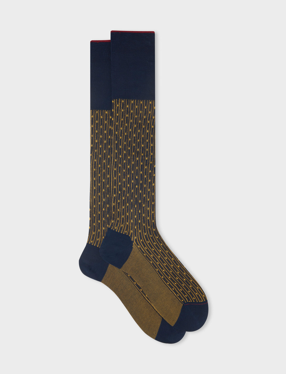 Men's long ocean blue cotton socks with lily motif - Gallo 1927 - Official Online Shop