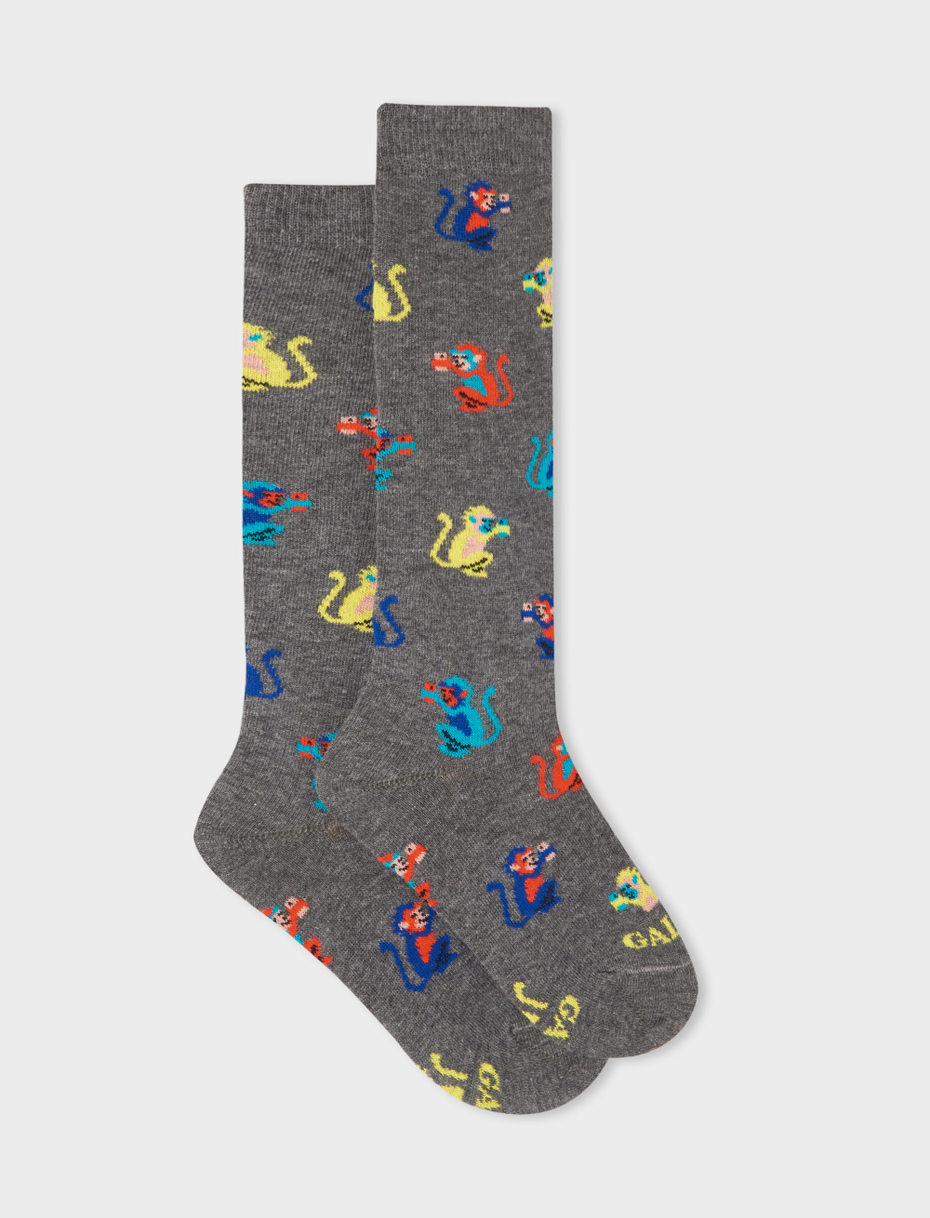 Kids' long pyrite cotton socks with colourful monkey motif - Gallo 1927 - Official Online Shop