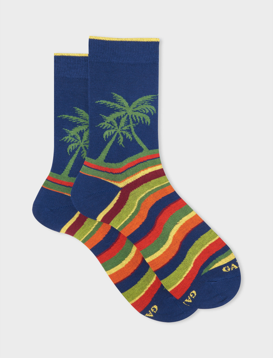 Men's short royal cotton socks with multicoloured wave and palm motif - Gallo 1927 - Official Online Shop