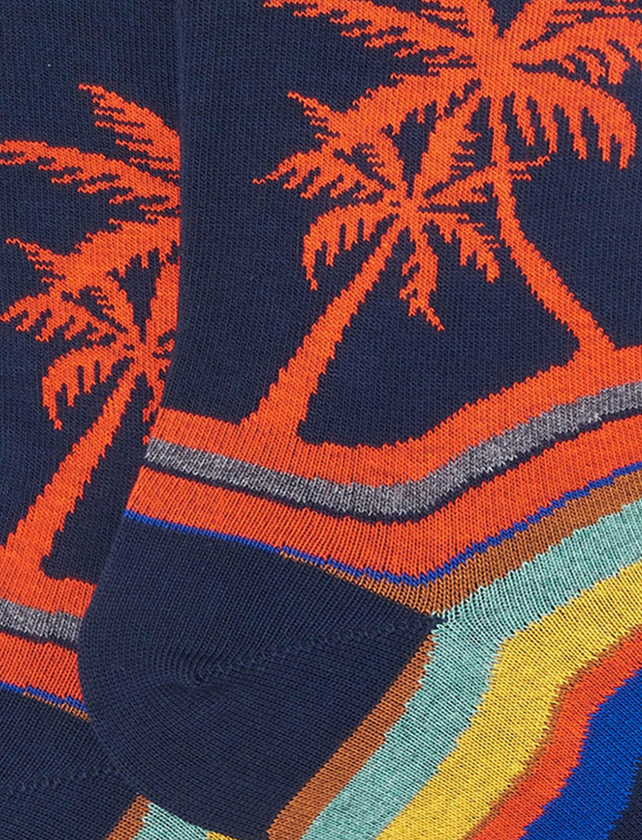 Men's short navy cotton socks with multicoloured wave and palm motif - Gallo 1927 - Official Online Shop