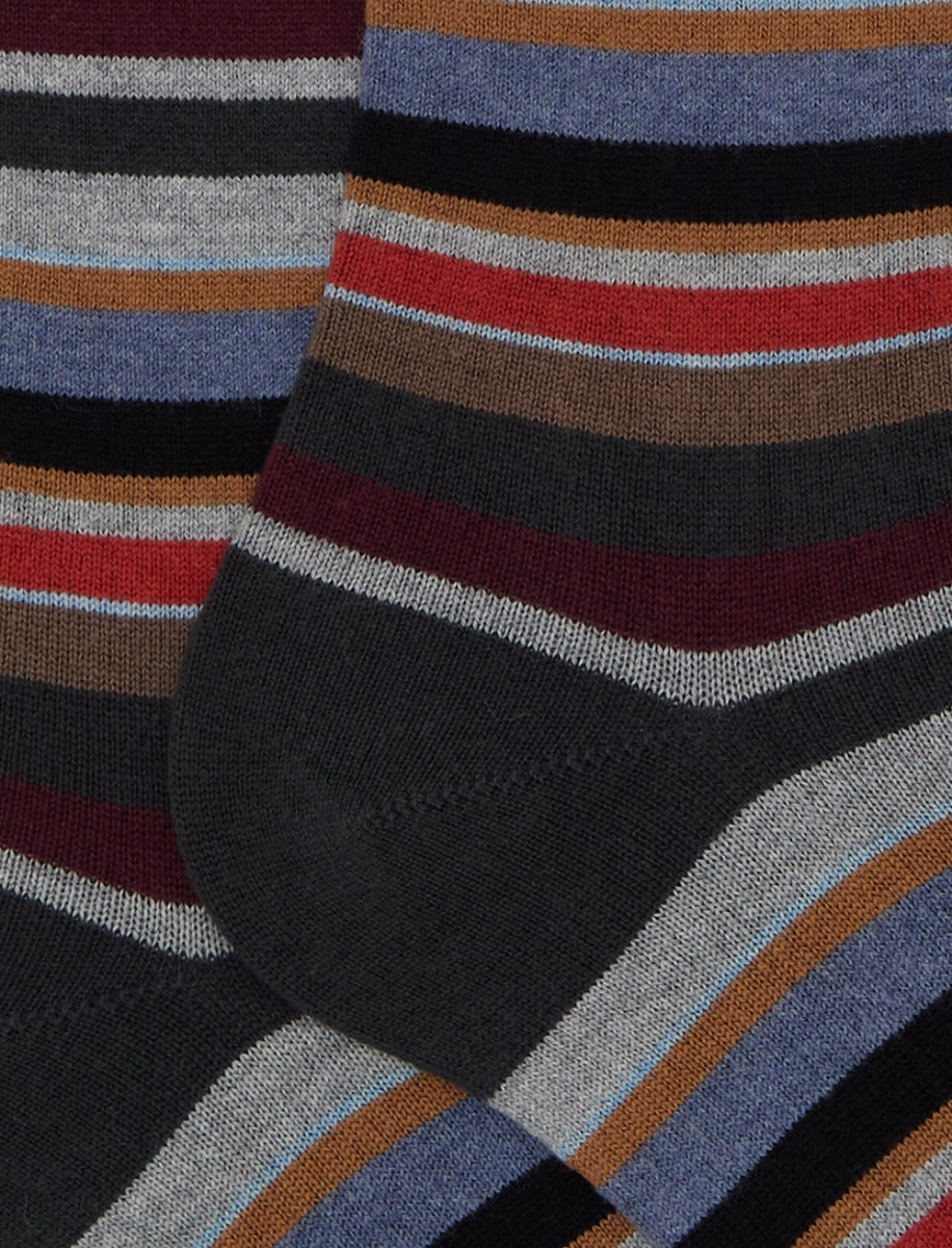 Women's long grey cotton and cashmere socks with multicoloured micro stripes - Gallo 1927 - Official Online Shop