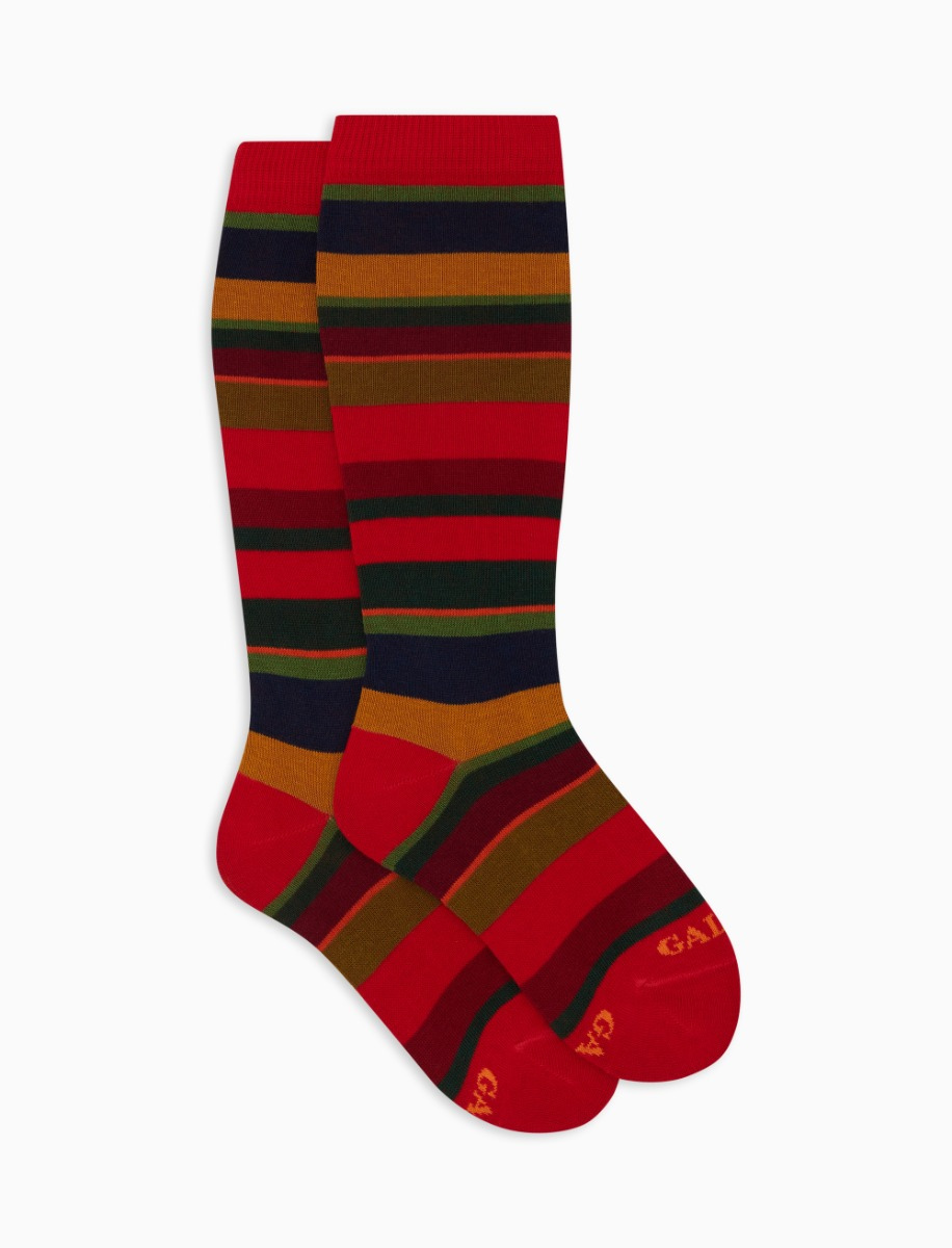 Calze lunghe bambino cotone rosso righe multicolor - Gallo 1927 - Official Online Shop