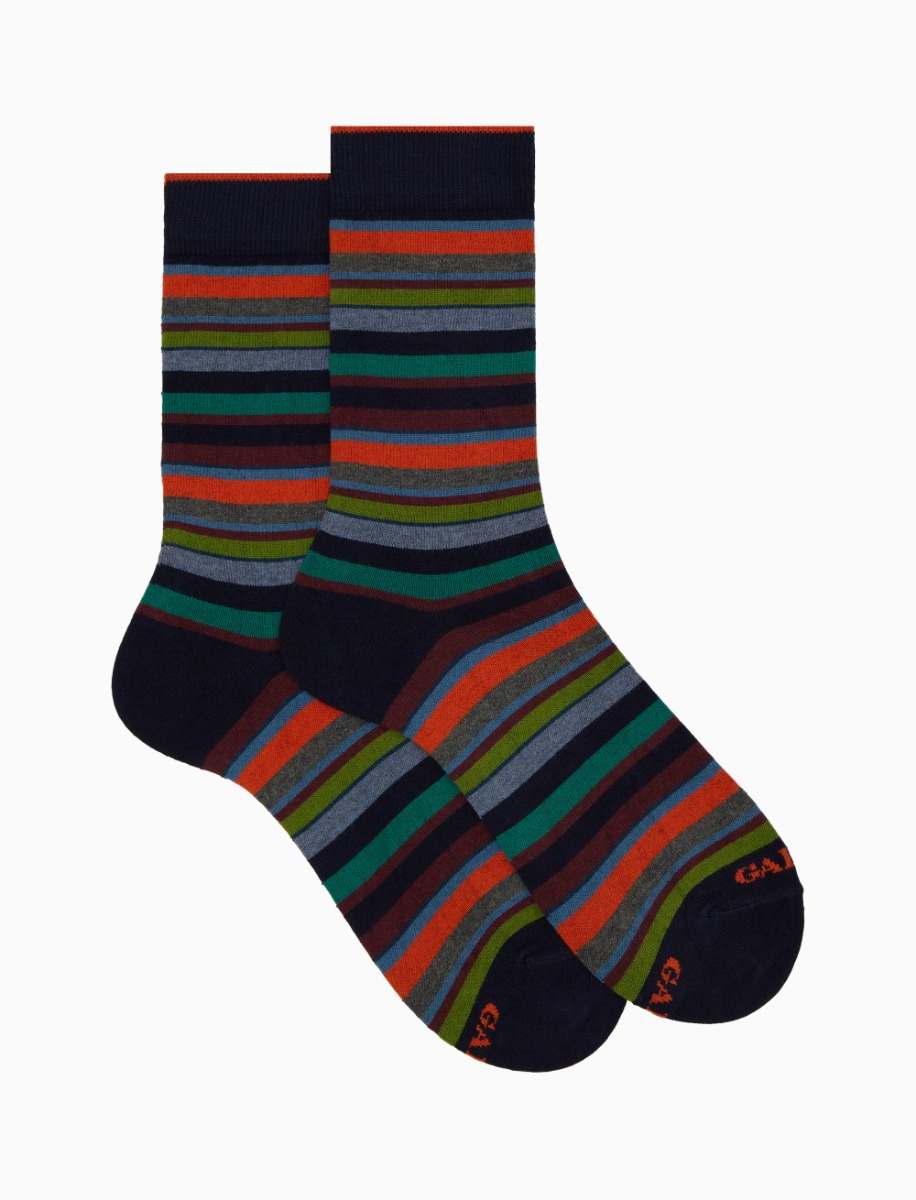 Men's short blue cotton and cashmere socks with multicoloured micro stripes - Gallo 1927 - Official Online Shop