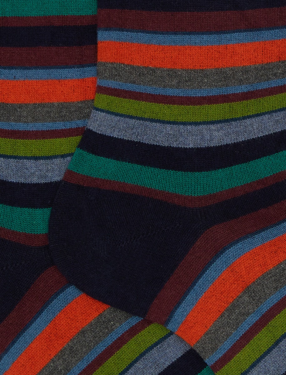 Men's short blue cotton and cashmere socks with multicoloured micro stripes - Gallo 1927 - Official Online Shop