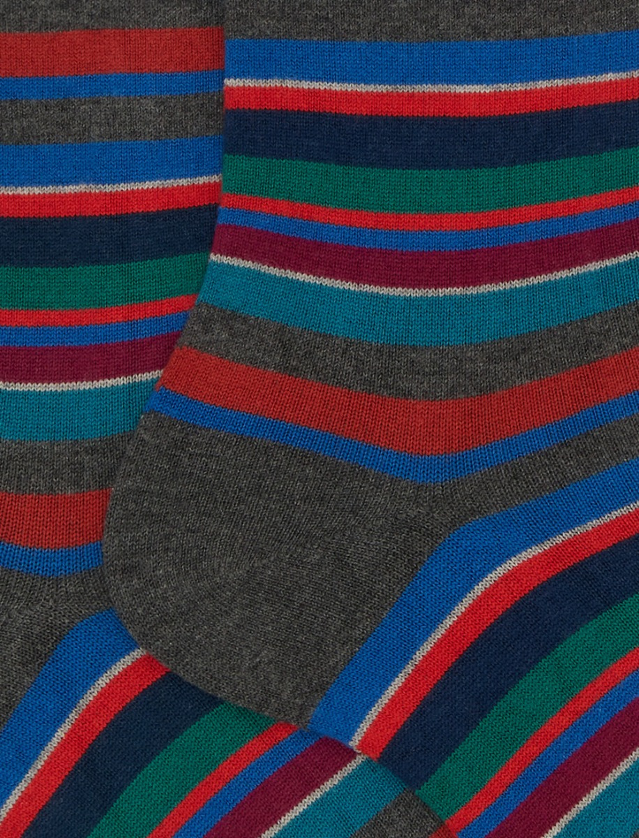Men's short grey cotton and cashmere socks with multicoloured micro stripes - Gallo 1927 - Official Online Shop