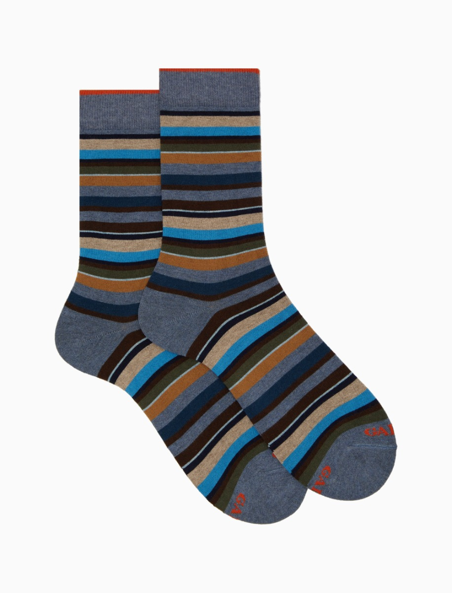 Men's short light blue cotton and cashmere socks with multicoloured micro stripes - Gallo 1927 - Official Online Shop