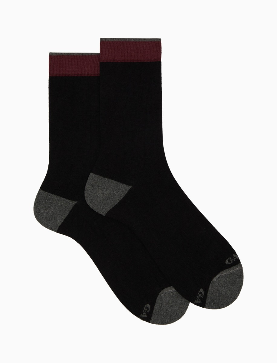 Men's short plain black cotton and cashmere socks with contrasting details - Gallo 1927 - Official Online Shop