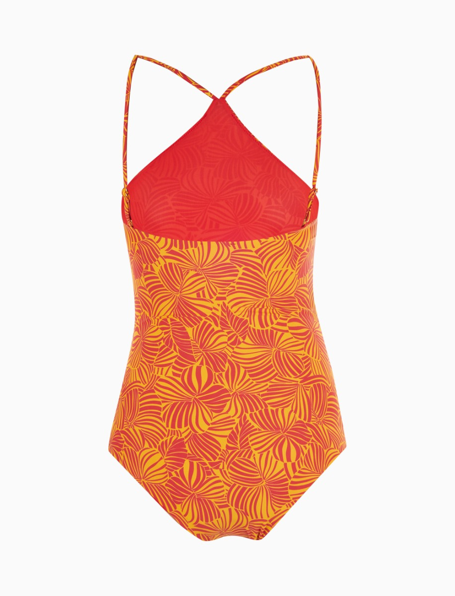 Women's narcissus yellow halterneck one-piece polyester swimsuit with large floral pattern - Gallo 1927 - Official Online Shop