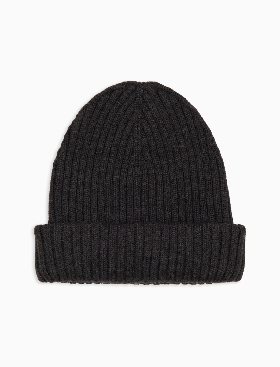 Unisex plain grey ribbed wool, silk and cashmere beanie - Gallo 1927 - Official Online Shop