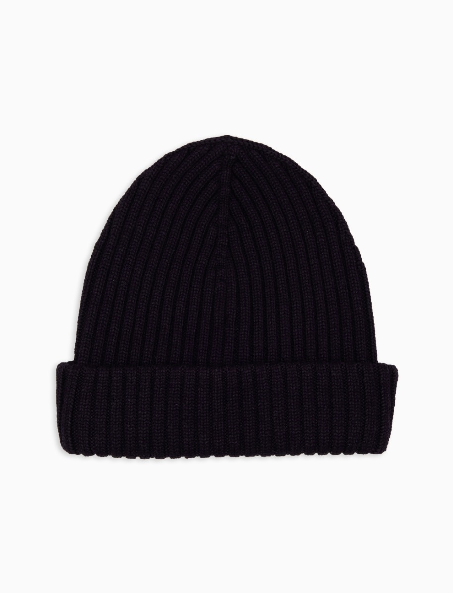 Unisex plain blue ribbed wool, silk and cashmere beanie - Gallo 1927 - Official Online Shop