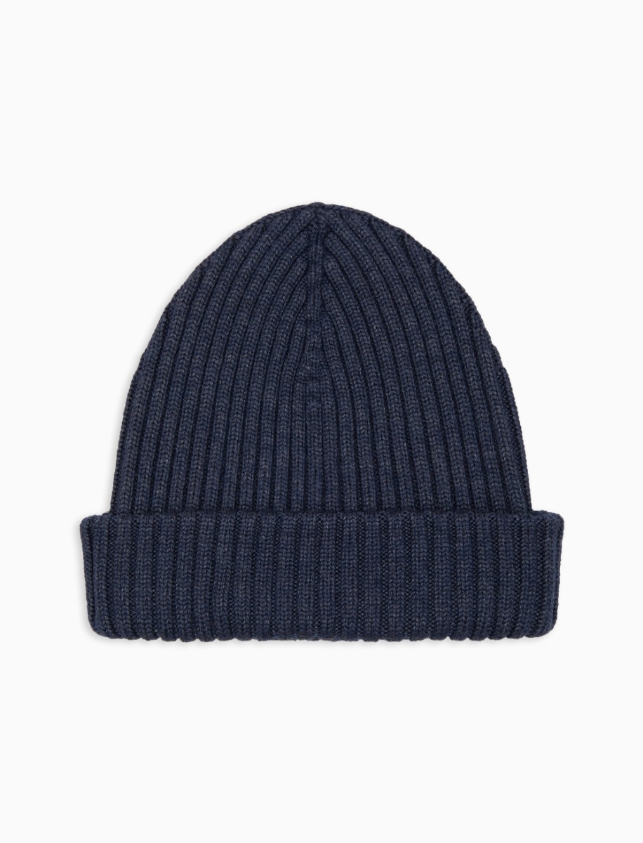 Unisex plain blue ribbed wool, silk and cashmere beanie - Gallo 1927 - Official Online Shop